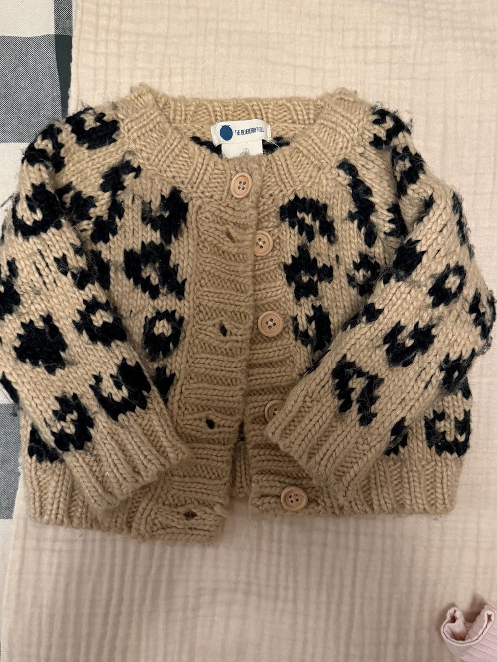 Chunky Knit Leopard Cardigan - Beige & Black 6-12M